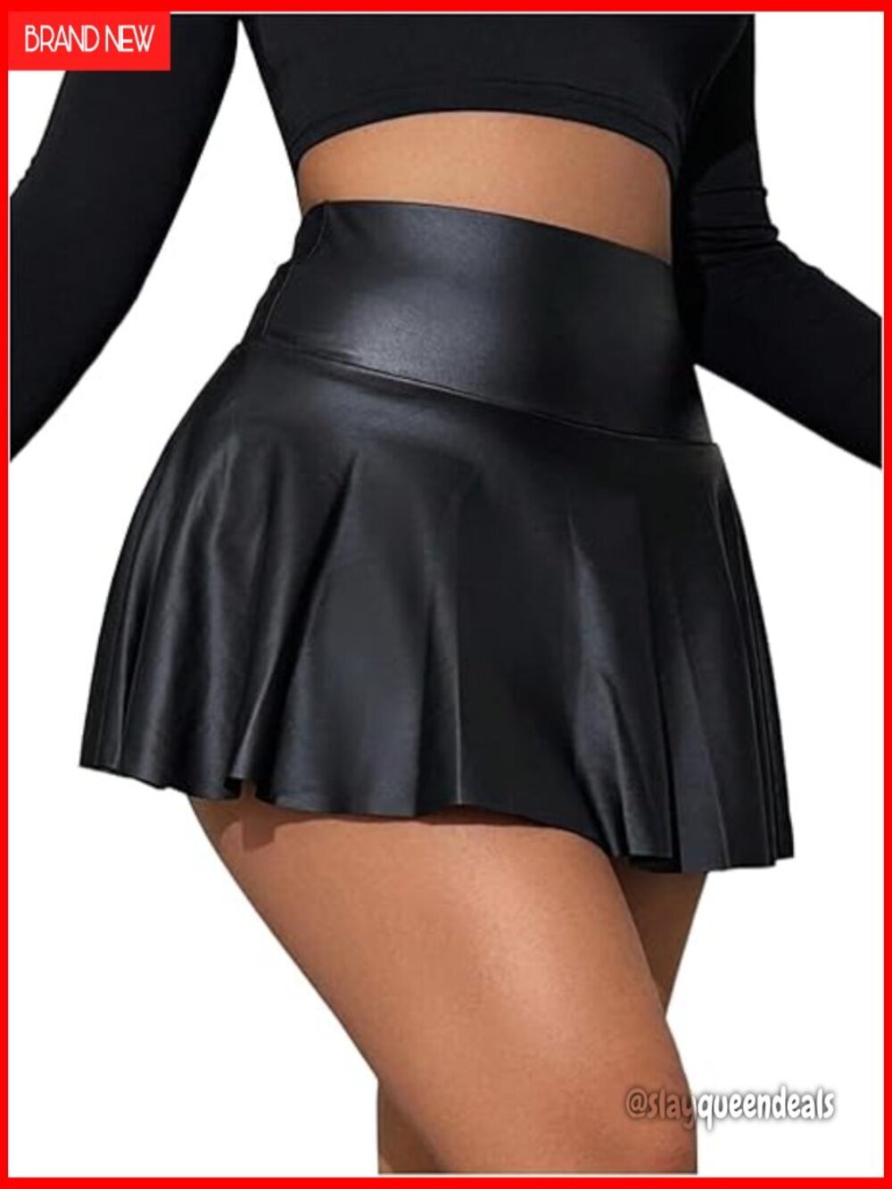 PU Leather High Waist Skort with Ruffle Hem, Elastic Waist, Flared Mini